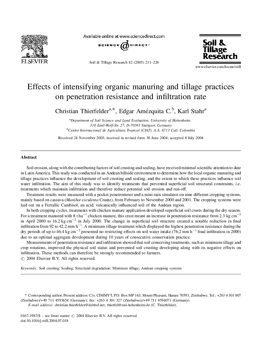 Effects of intensifying organic manuring and tillage practices on penetration resistance and infiltration rate