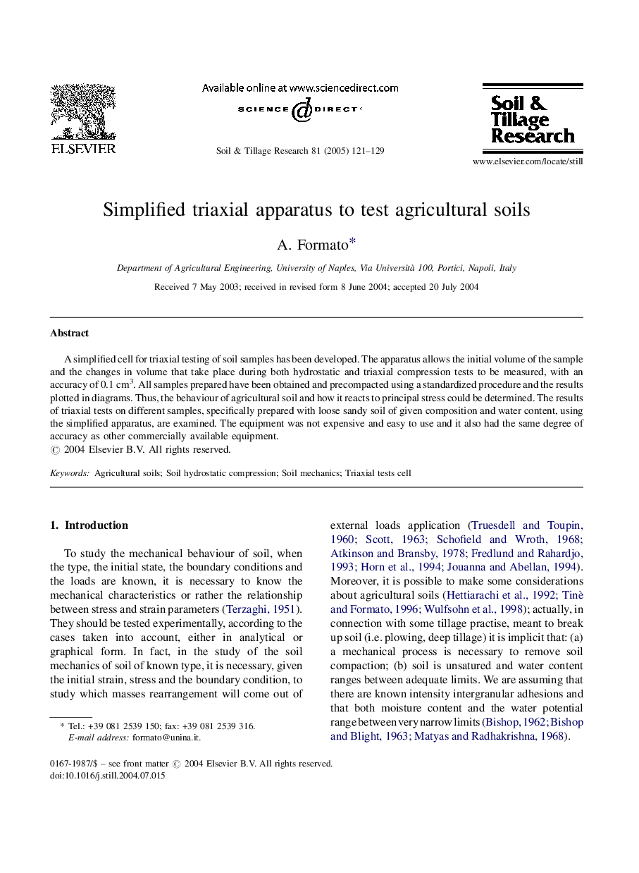 Simplified triaxial apparatus to test agricultural soils