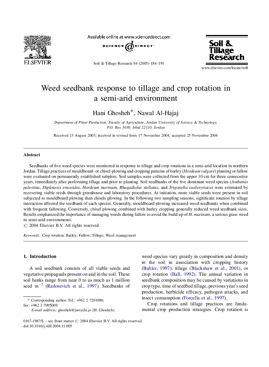 Weed seedbank response to tillage and crop rotation in a semi-arid environment