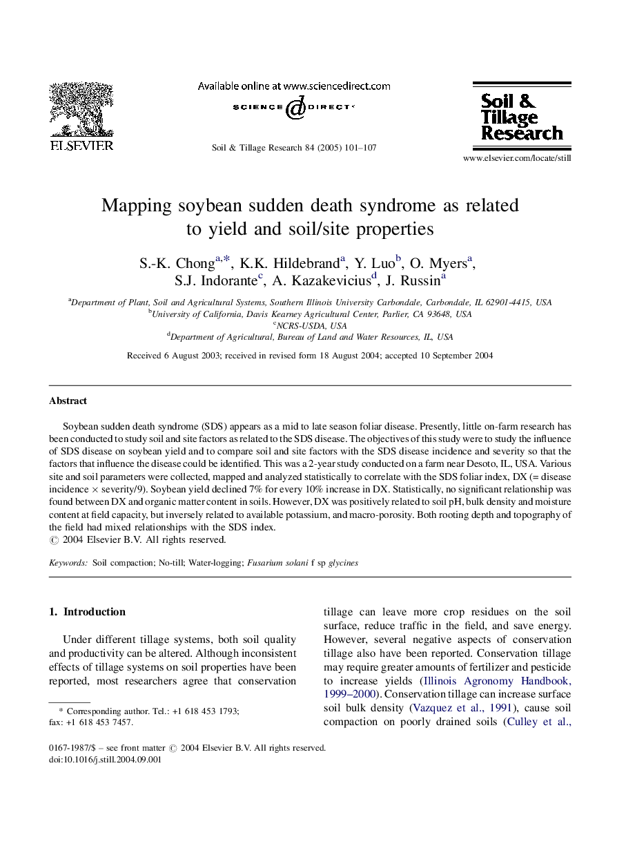 Mapping soybean sudden death syndrome as related to yield and soil/site properties