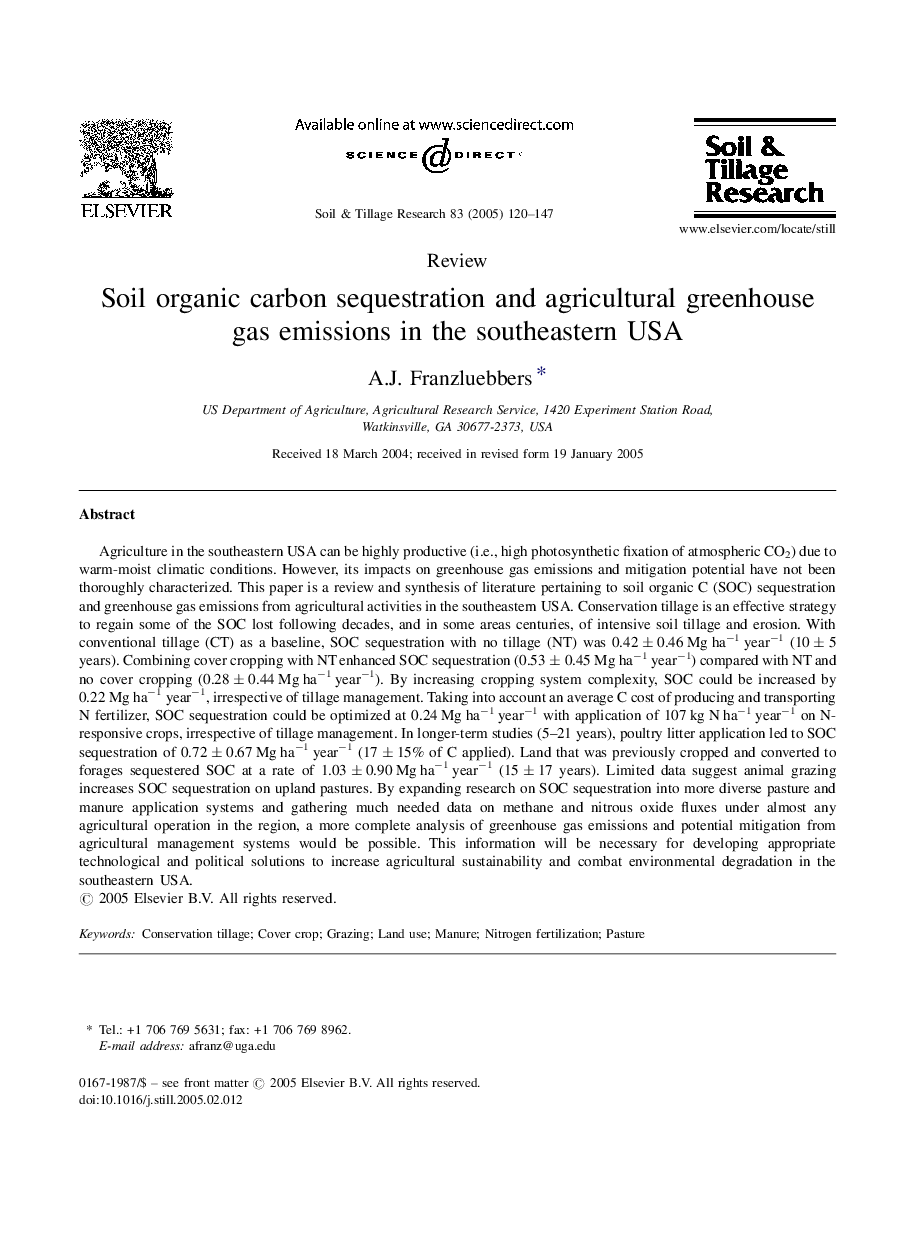 Soil organic carbon sequestration and agricultural greenhouse gas emissions in the southeastern USA