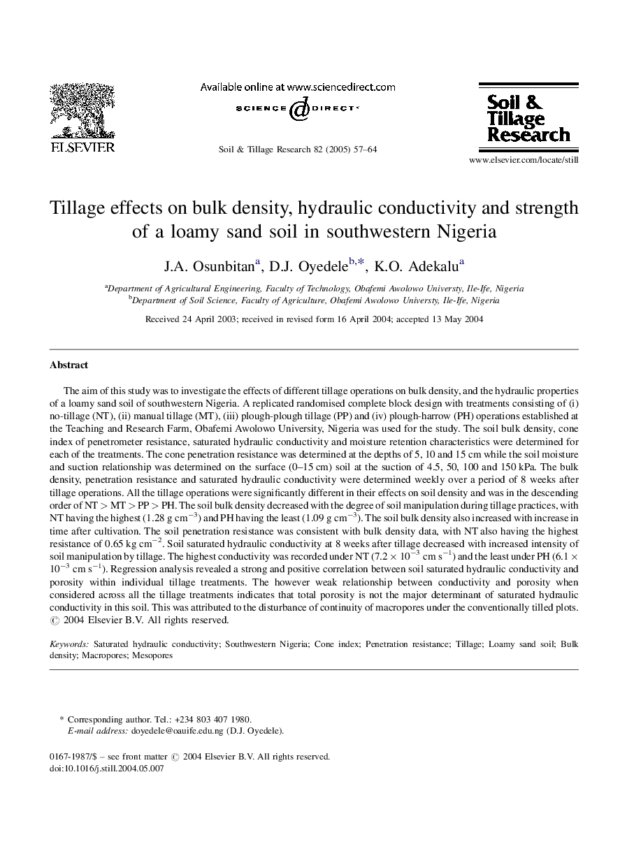 Tillage effects on bulk density, hydraulic conductivity and strength of a loamy sand soil in southwestern Nigeria