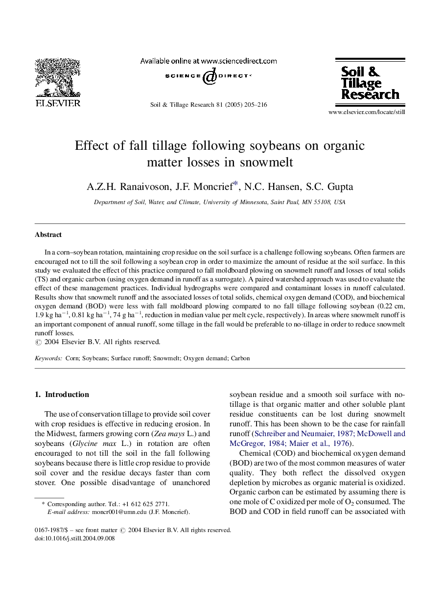 Effect of fall tillage following soybeans on organic matter losses in snowmelt