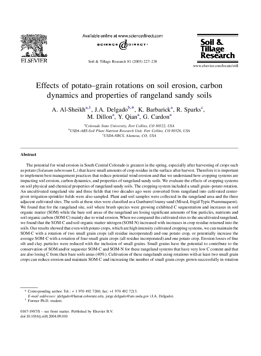 Effects of potato-grain rotations on soil erosion, carbon dynamics and properties of rangeland sandy soils