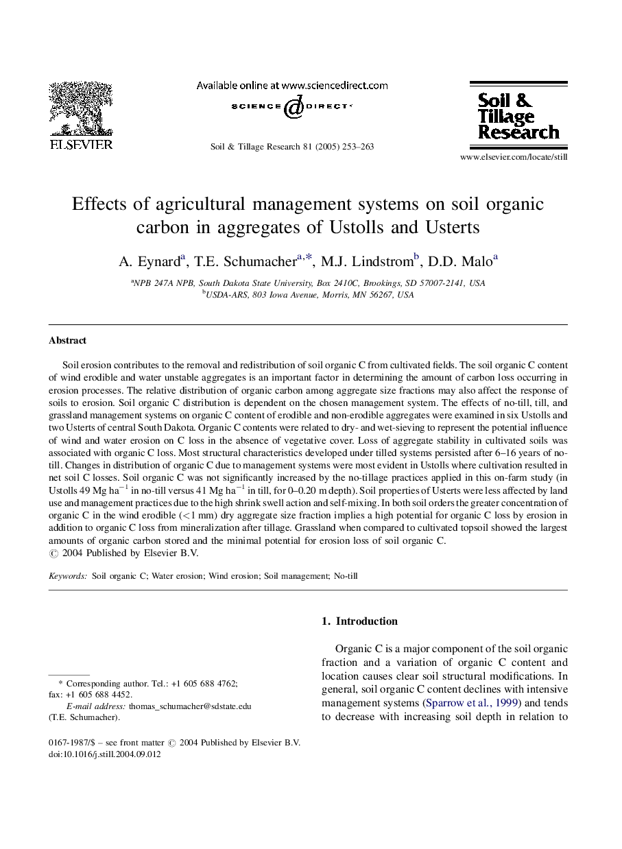 Effects of agricultural management systems on soil organic carbon in aggregates of Ustolls and Usterts