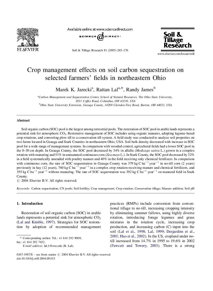 عکس صفحه اول مقاله: Crop management effects on soil carbon sequestration on selected farmers' fields in northeastern Ohio Crop management effects on soil carbon sequestration on selected farmers' fields in northeastern Ohio