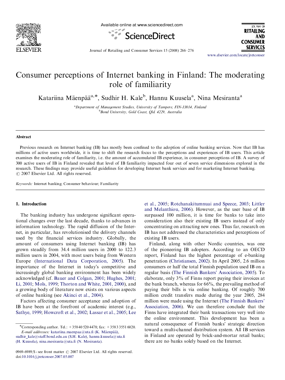 Consumer perceptions of Internet banking in Finland: The moderating role of familiarity