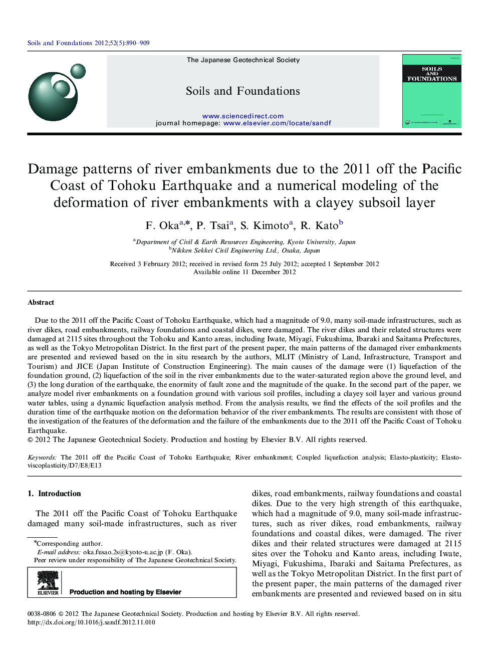 Damage patterns of river embankments due to the 2011 off the Pacific Coast of Tohoku Earthquake and a numerical modeling of the deformation of river embankments with a clayey subsoil layer