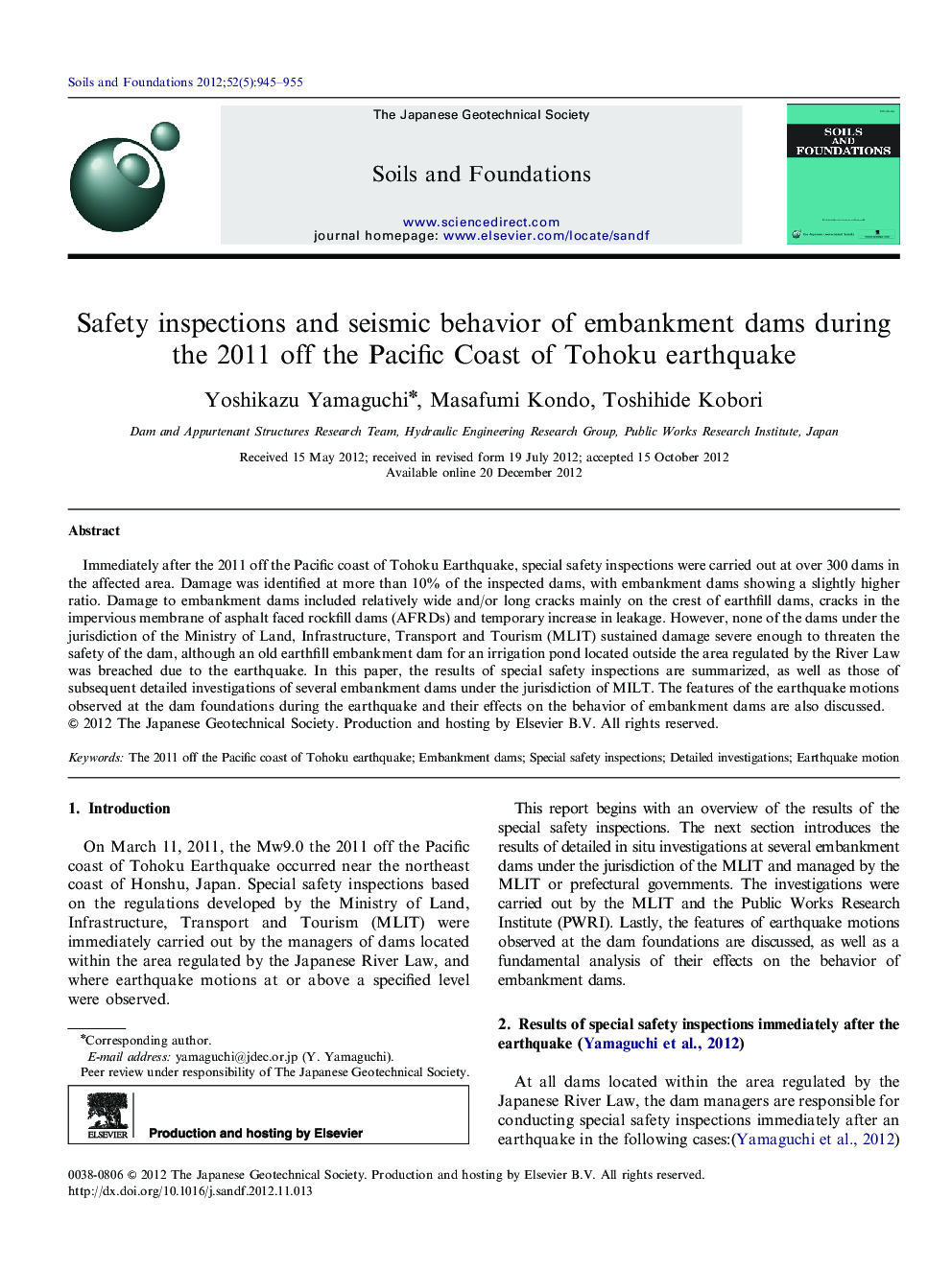 Safety inspections and seismic behavior of embankment dams during the 2011 off the Pacific Coast of Tohoku earthquake