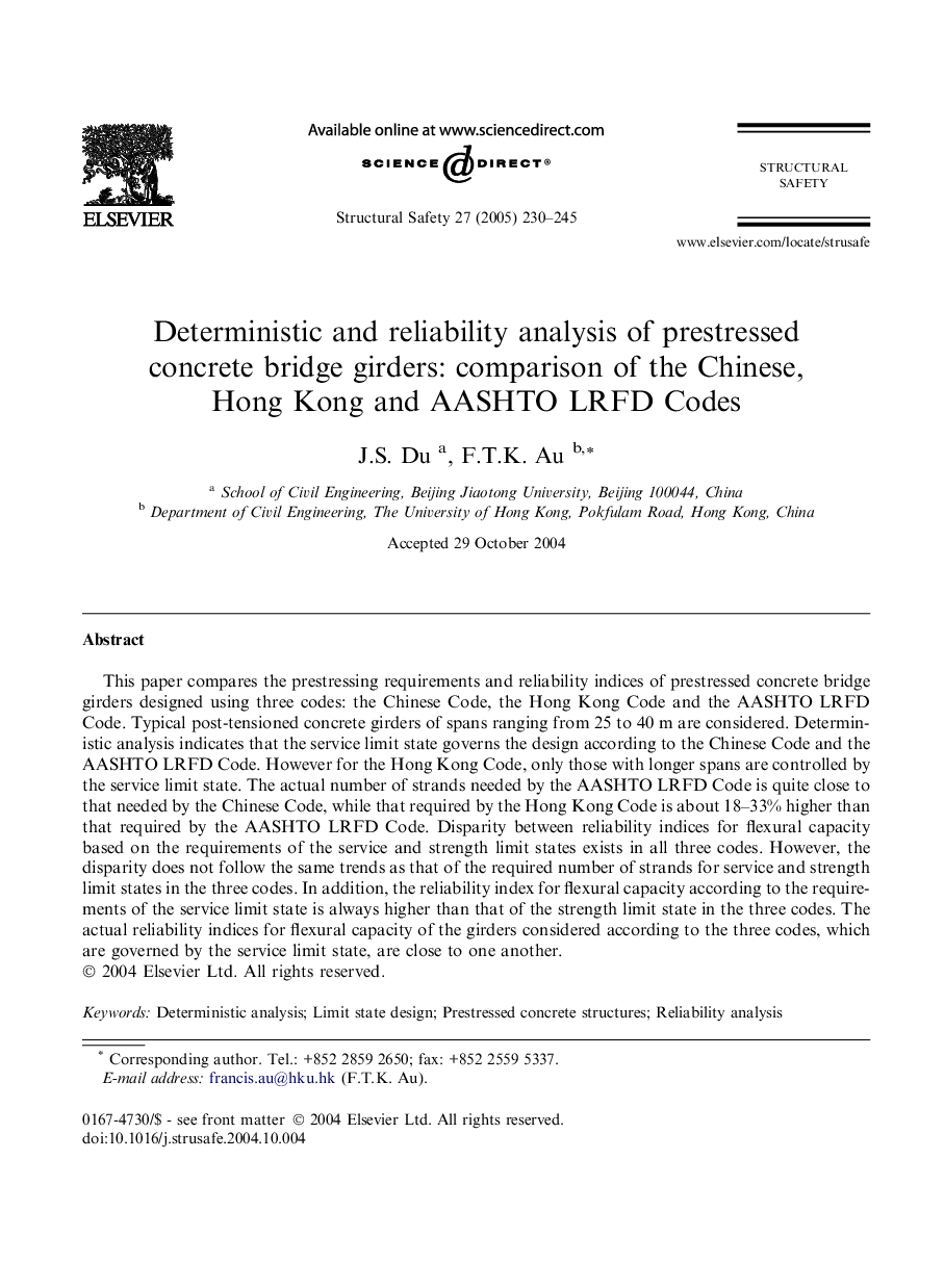 Deterministic and reliability analysis of prestressed concrete bridge girders: comparison of the Chinese, Hong Kong and AASHTO LRFD Codes