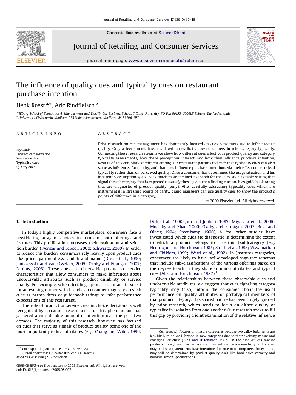 The influence of quality cues and typicality cues on restaurant purchase intention