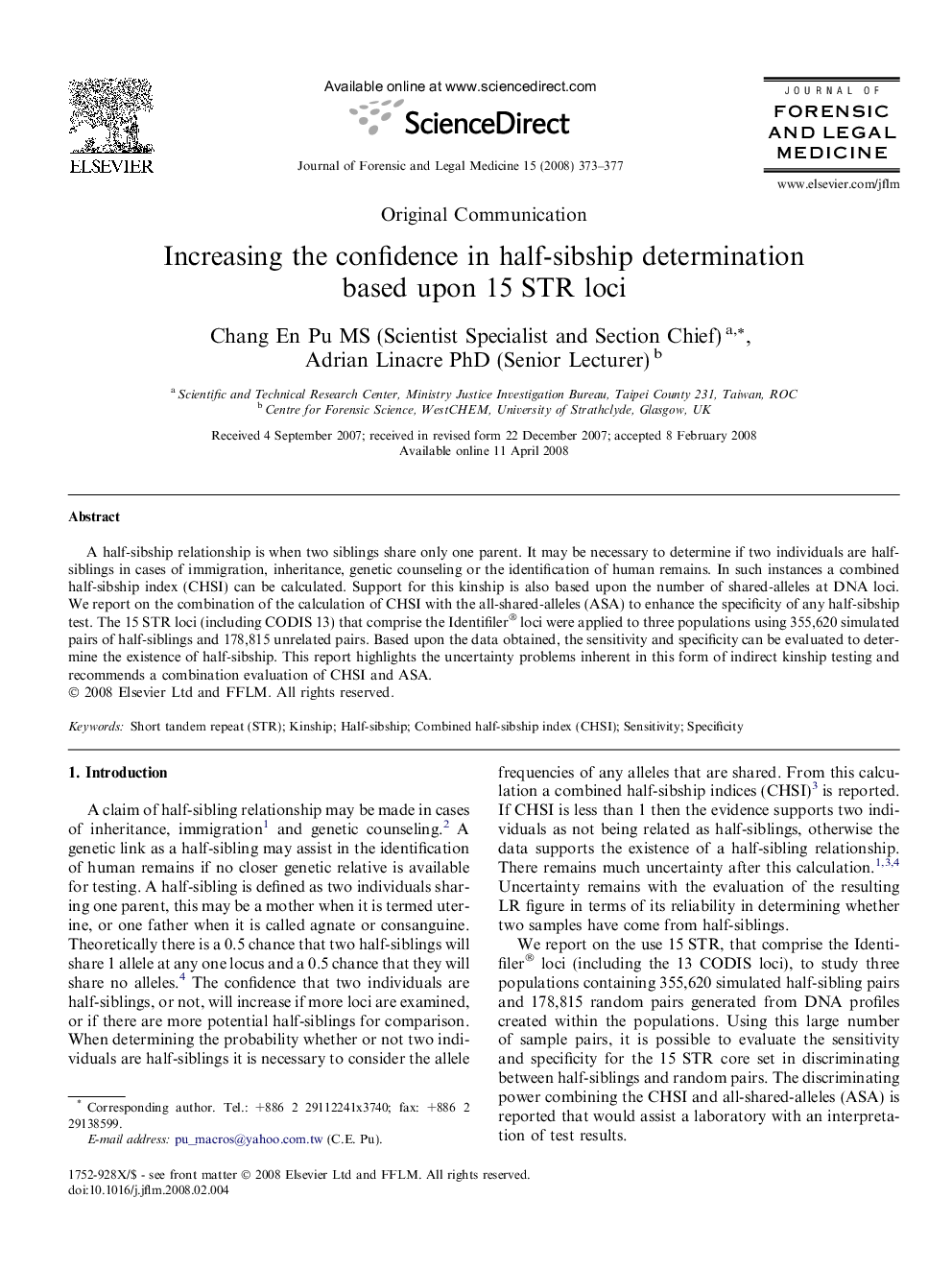 Increasing the confidence in half-sibship determination based upon 15 STR loci