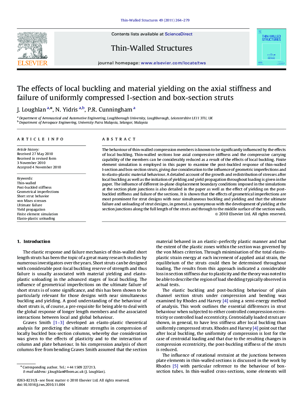 The effects of local buckling and material yielding on the axial stiffness and failure of uniformly compressed I-section and box-section struts