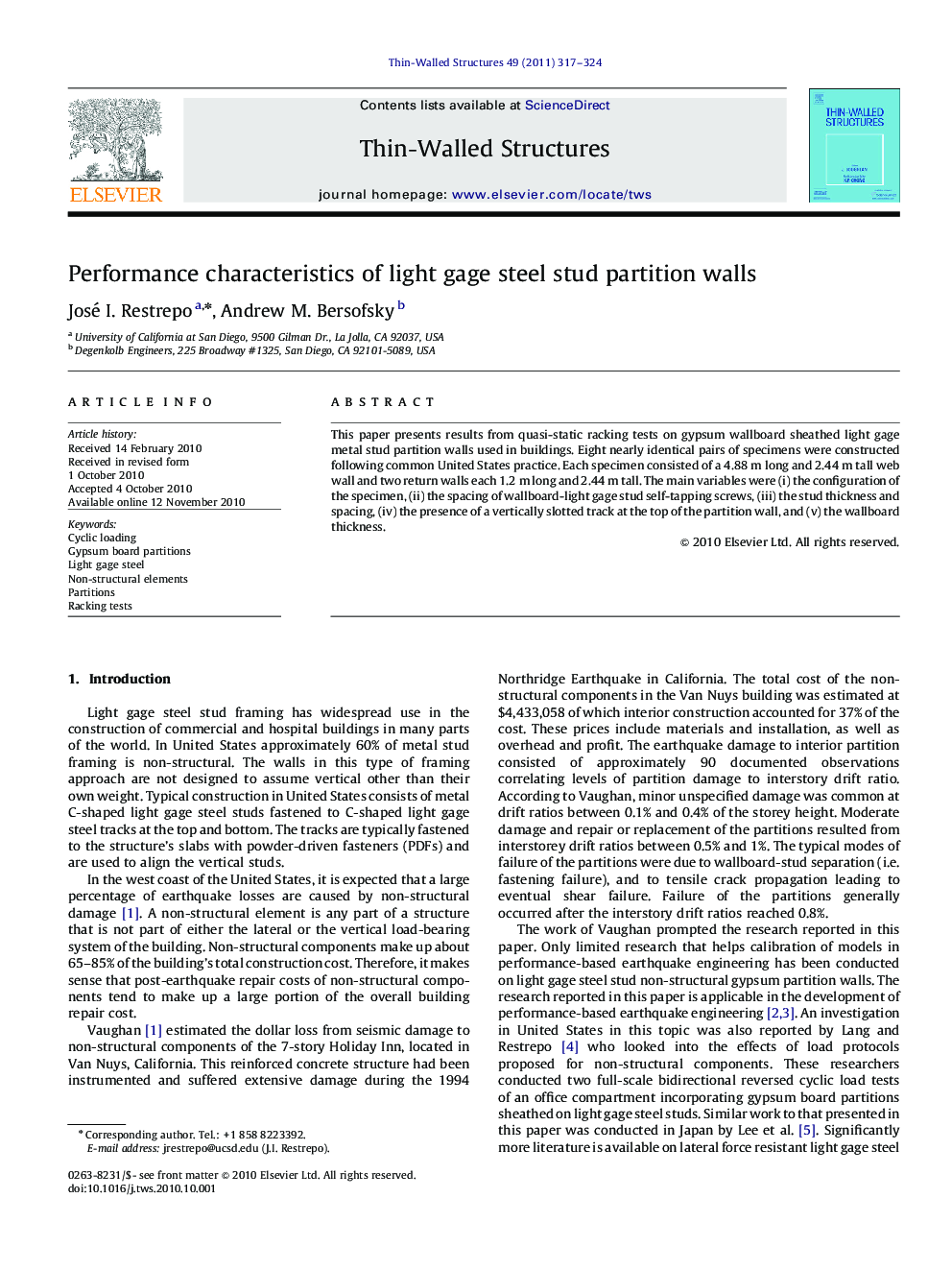 Performance characteristics of light gage steel stud partition walls