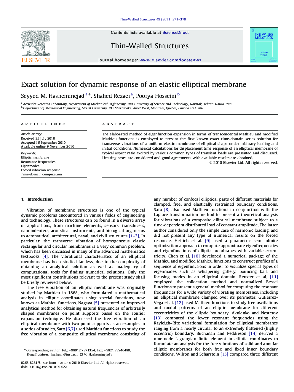 Exact solution for dynamic response of an elastic elliptical membrane