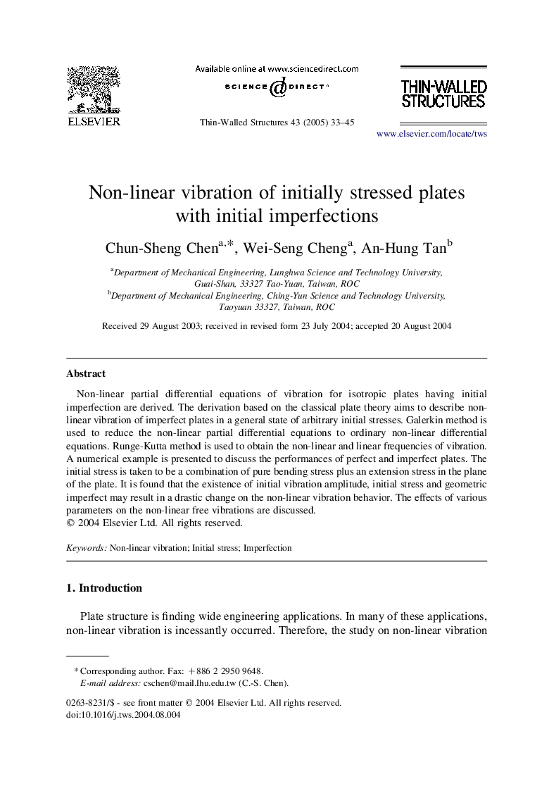 Non-linear vibration of initially stressed plates with initial imperfections