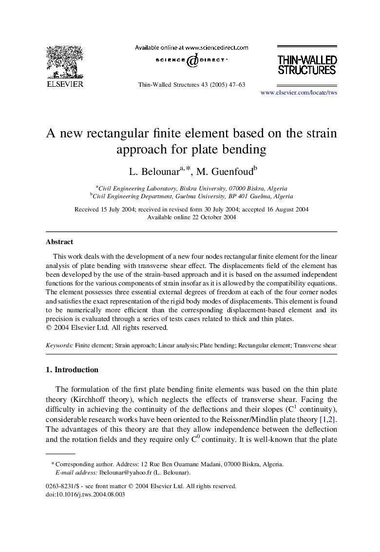 A new rectangular finite element based on the strain approach for plate bending