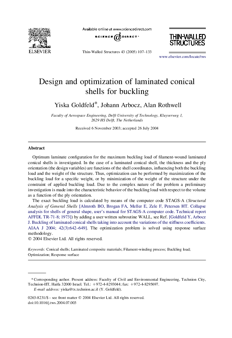 Design and optimization of laminated conical shells for buckling