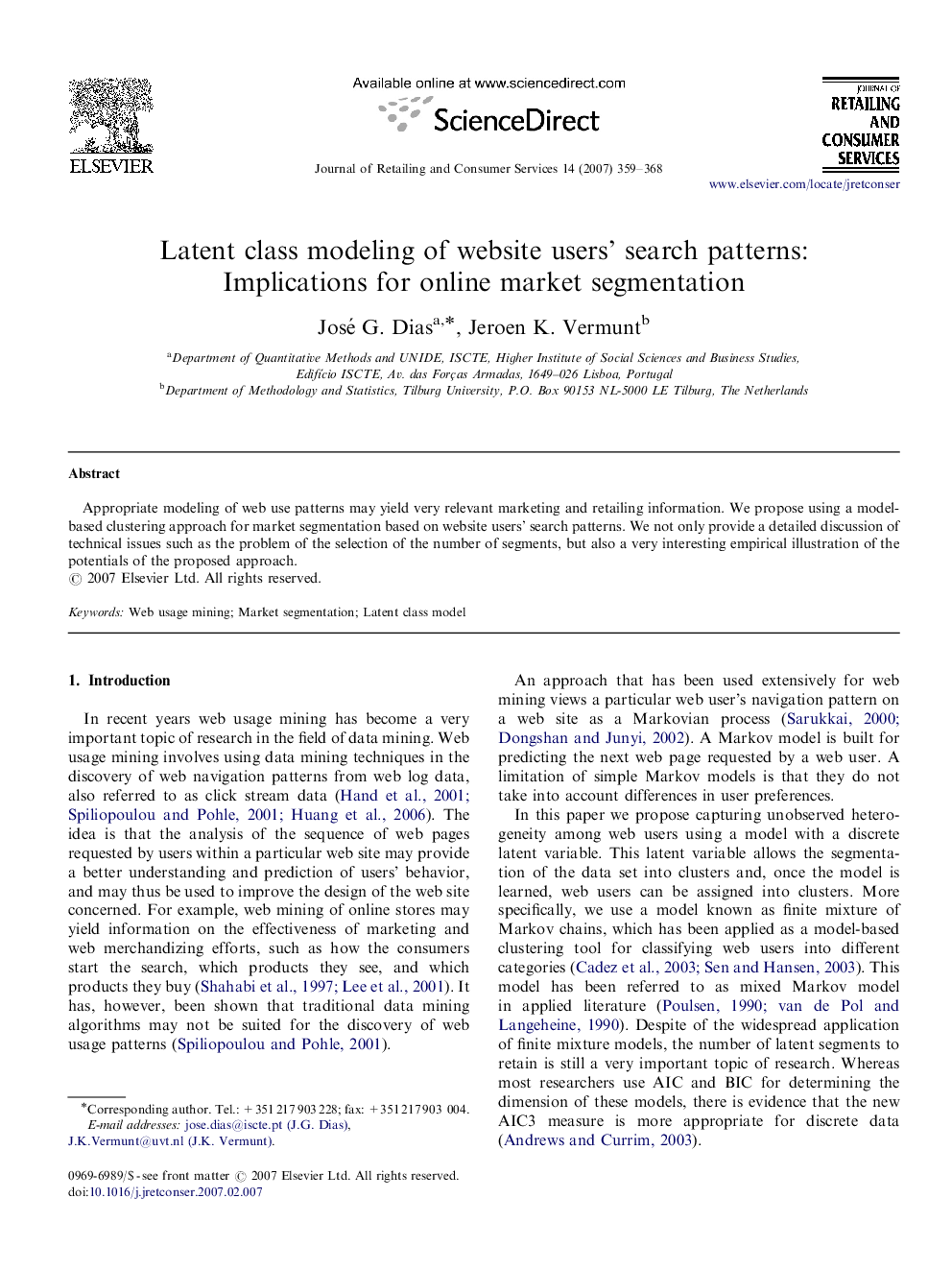 Latent class modeling of website users’ search patterns: Implications for online market segmentation