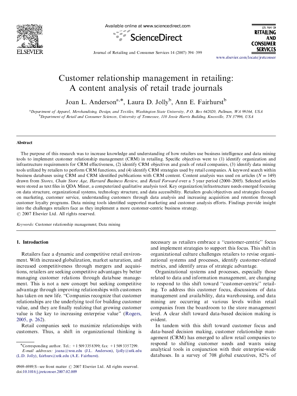 Customer relationship management in retailing: A content analysis of retail trade journals