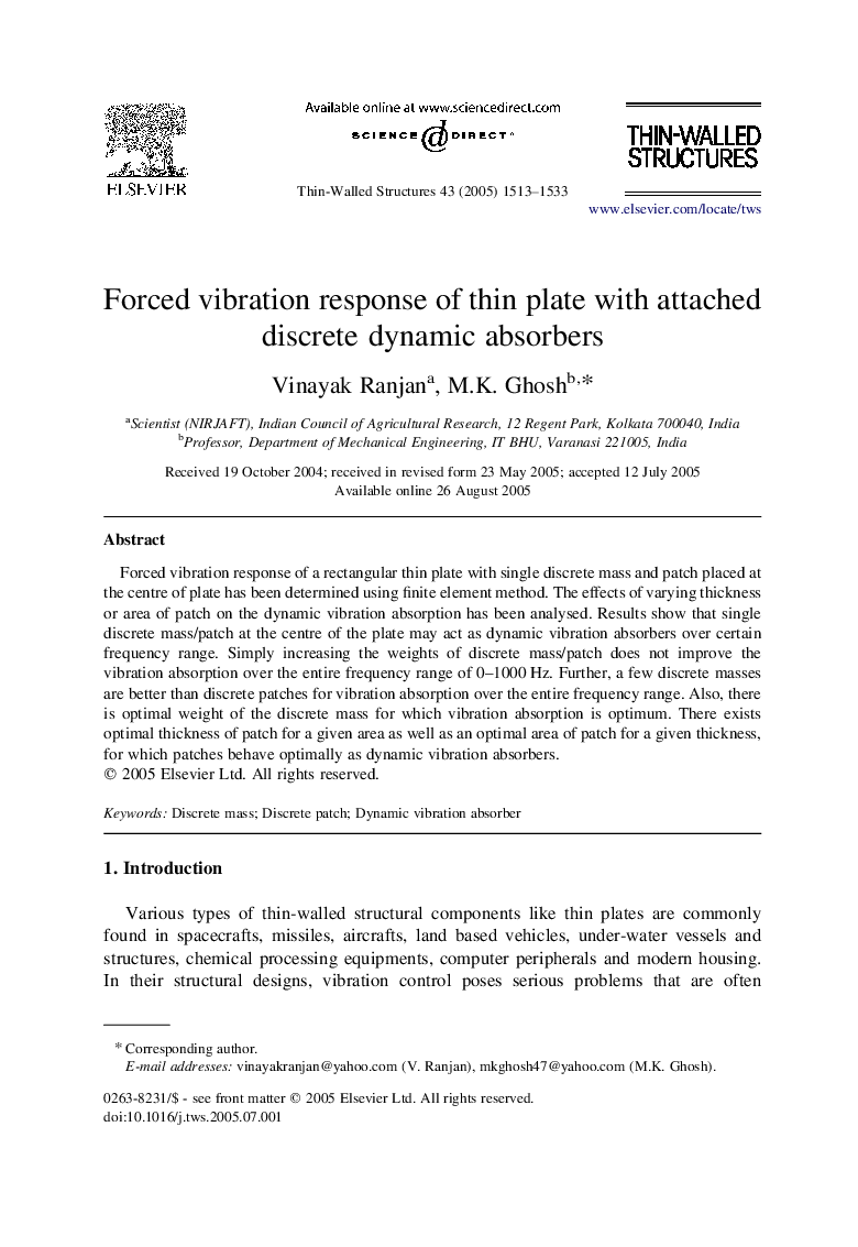 Forced vibration response of thin plate with attached discrete dynamic absorbers