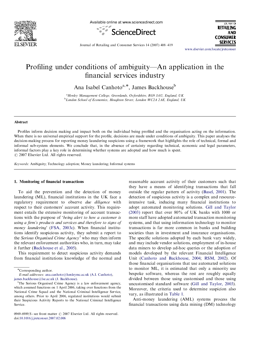 Profiling under conditions of ambiguity-An application in the financial services industry