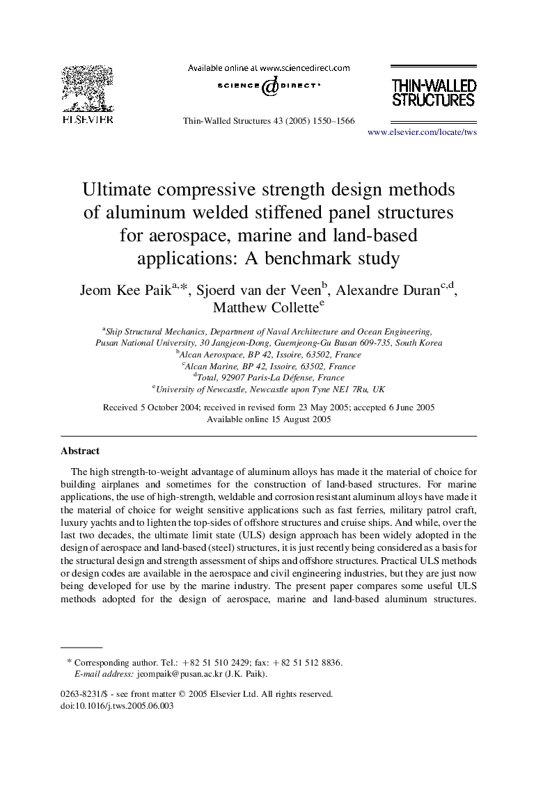 Ultimate compressive strength design methods of aluminum welded stiffened panel structures for aerospace, marine and land-based applications: A benchmark study