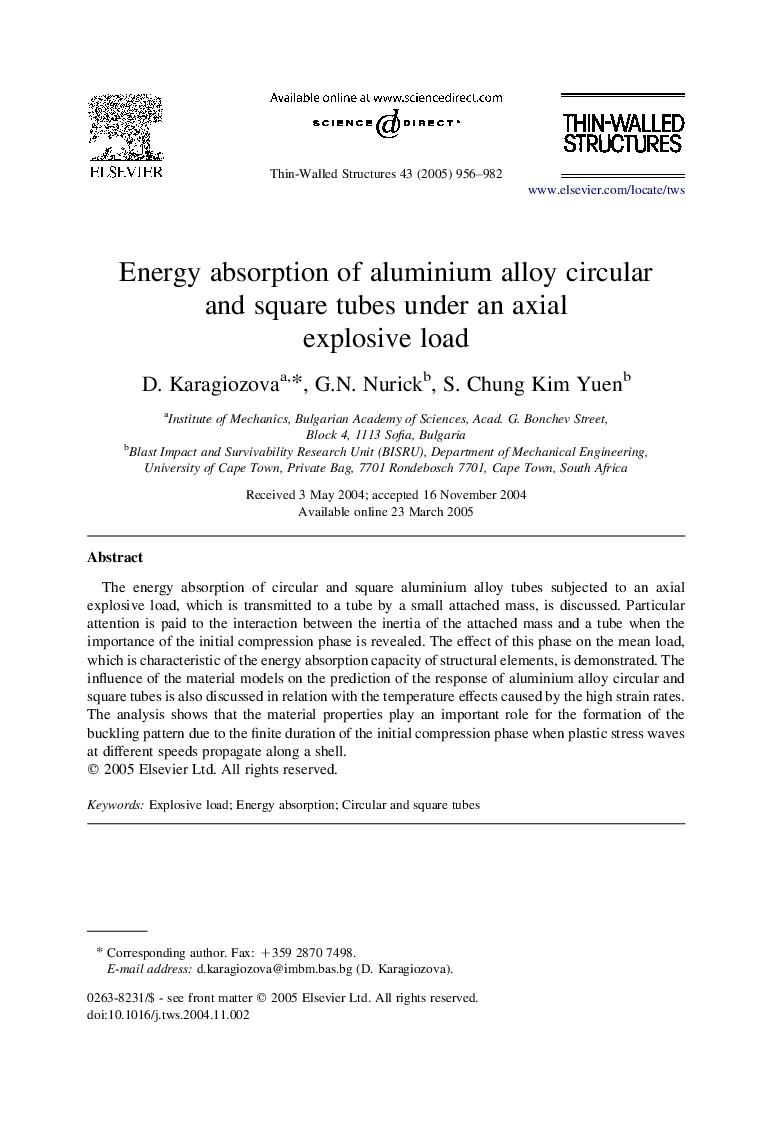 Energy absorption of aluminium alloy circular and square tubes under an axial explosive load