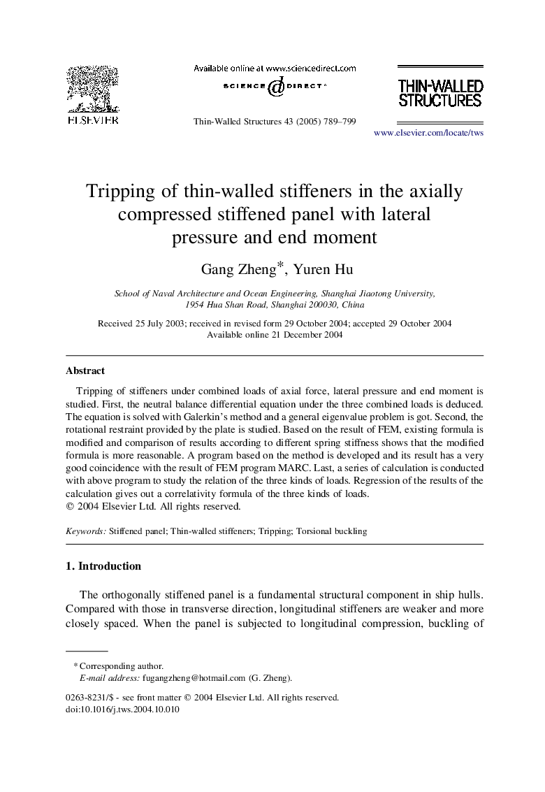 Tripping of thin-walled stiffeners in the axially compressed stiffened panel with lateral pressure and end moment