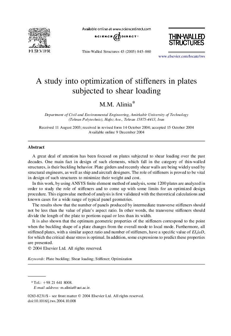 A study into optimization of stiffeners in plates subjected to shear loading