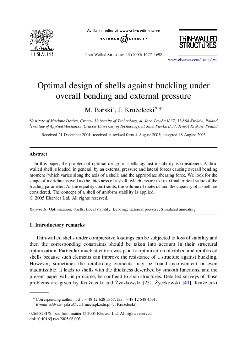 Optimal design of shells against buckling under overall bending and external pressure