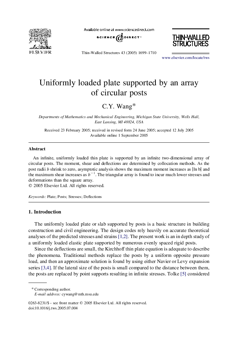 Uniformly loaded plate supported by an array of circular posts