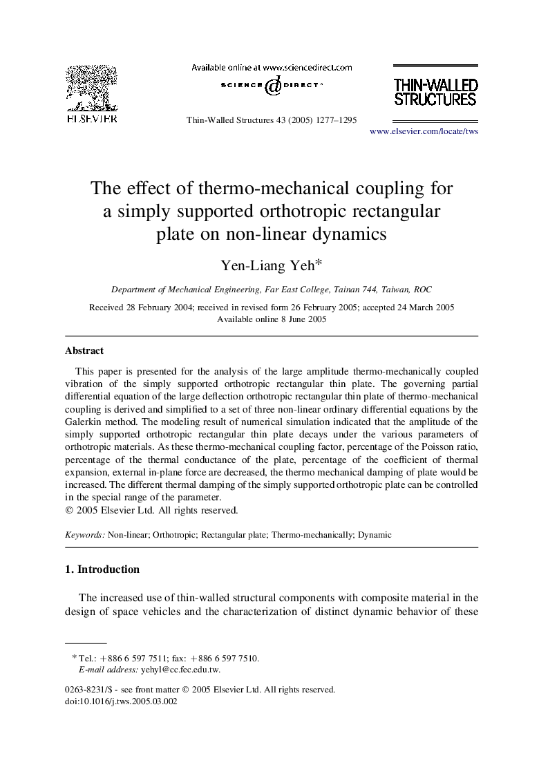 The effect of thermo-mechanical coupling for a simply supported orthotropic rectangular plate on non-linear dynamics