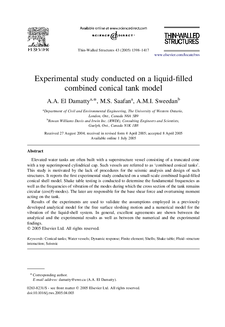 Experimental study conducted on a liquid-filled combined conical tank model