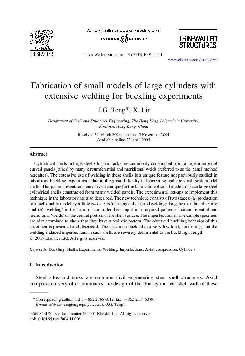 Fabrication of small models of large cylinders with extensive welding for buckling experiments