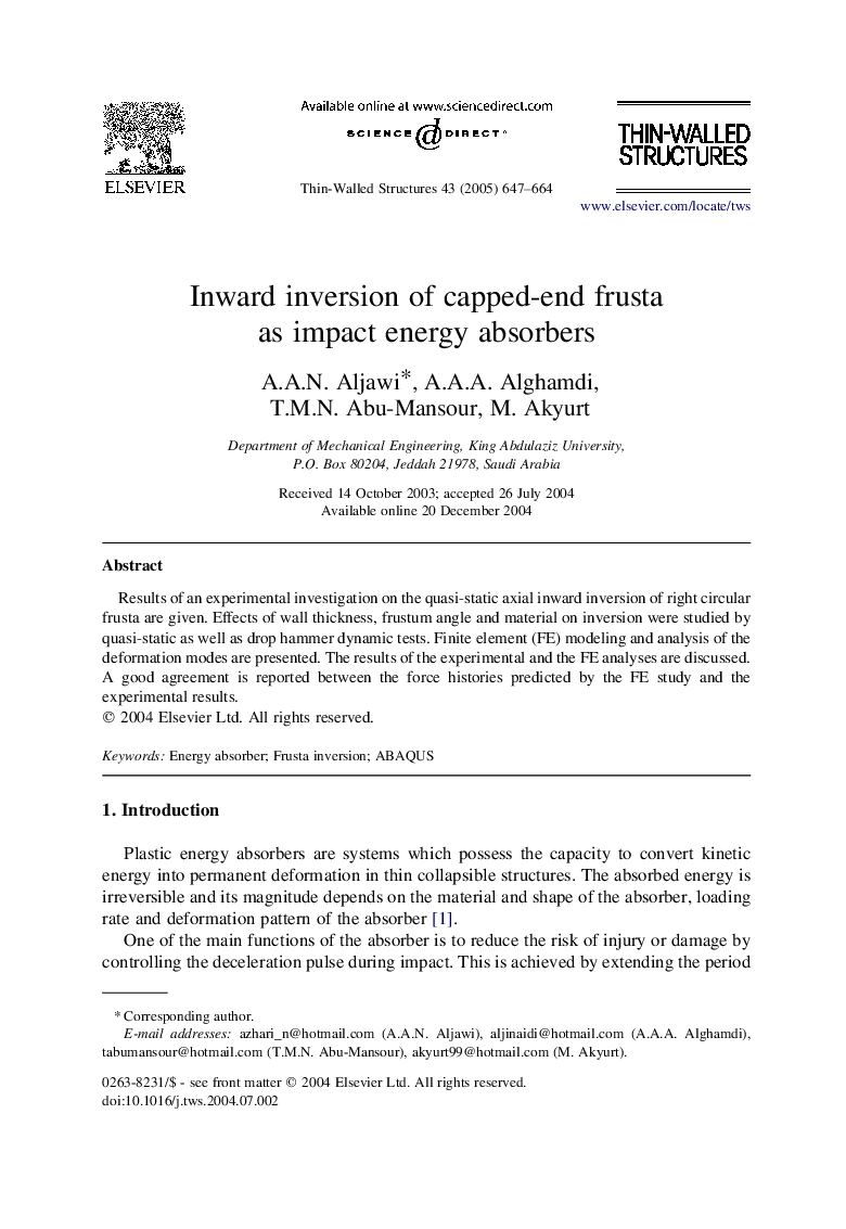 Inward inversion of capped-end frusta as impact energy absorbers