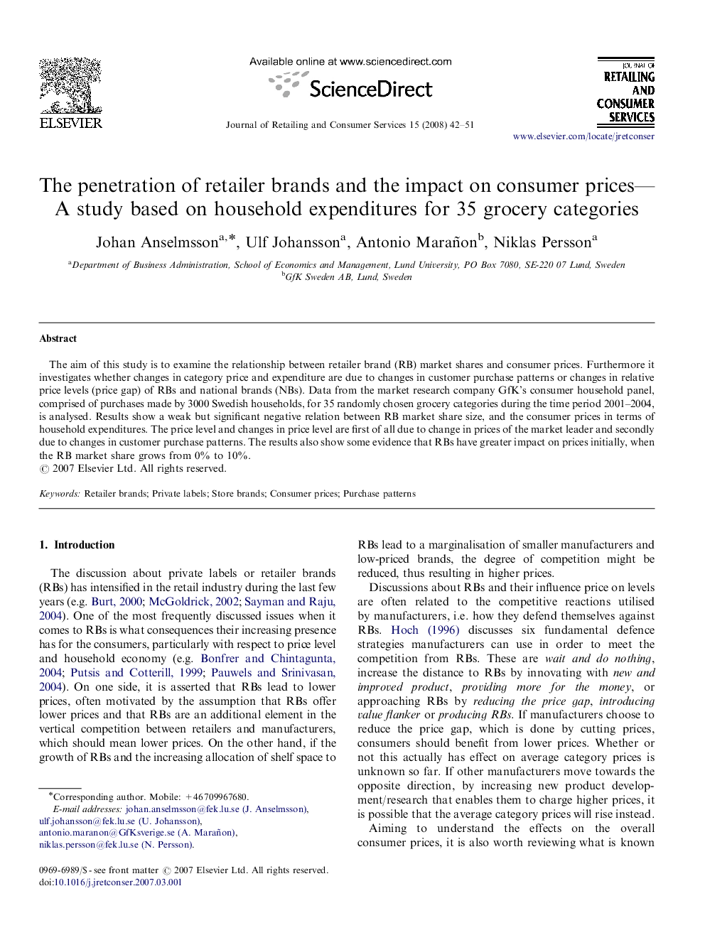 The penetration of retailer brands and the impact on consumer prices—A study based on household expenditures for 35 grocery categories