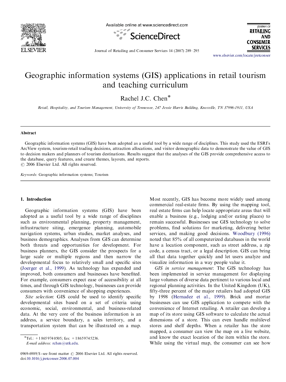 Geographic information systems (GIS) applications in retail tourism and teaching curriculum