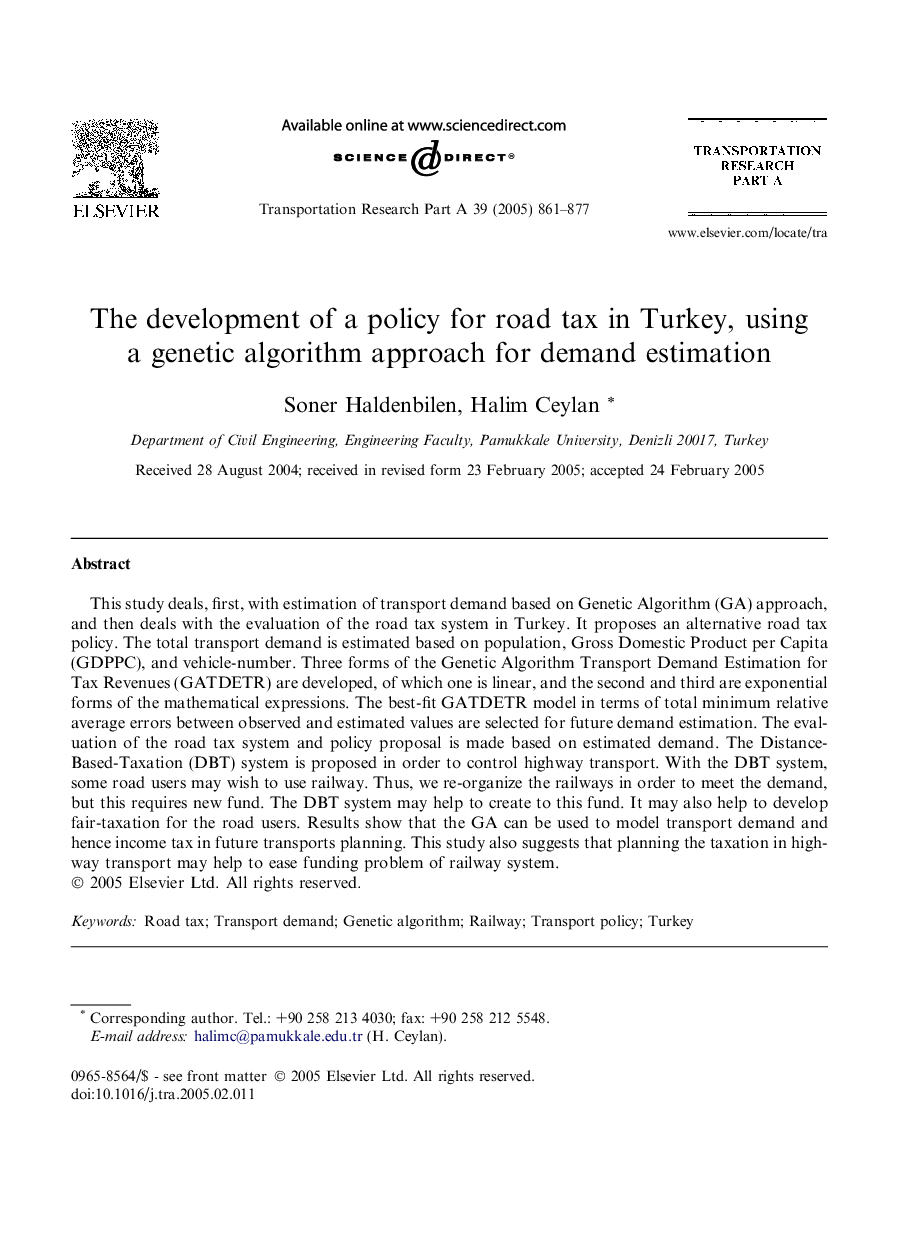 The development of a policy for road tax in Turkey, using a genetic algorithm approach for demand estimation