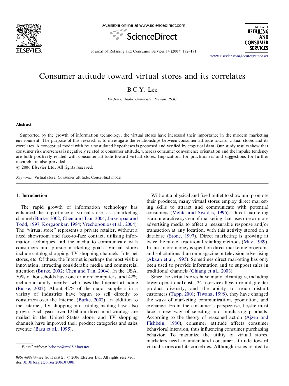 Consumer attitude toward virtual stores and its correlates