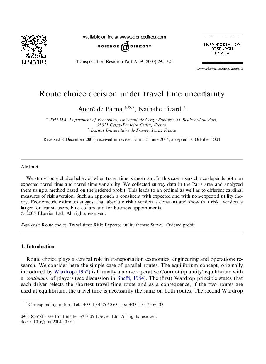 Route choice decision under travel time uncertainty