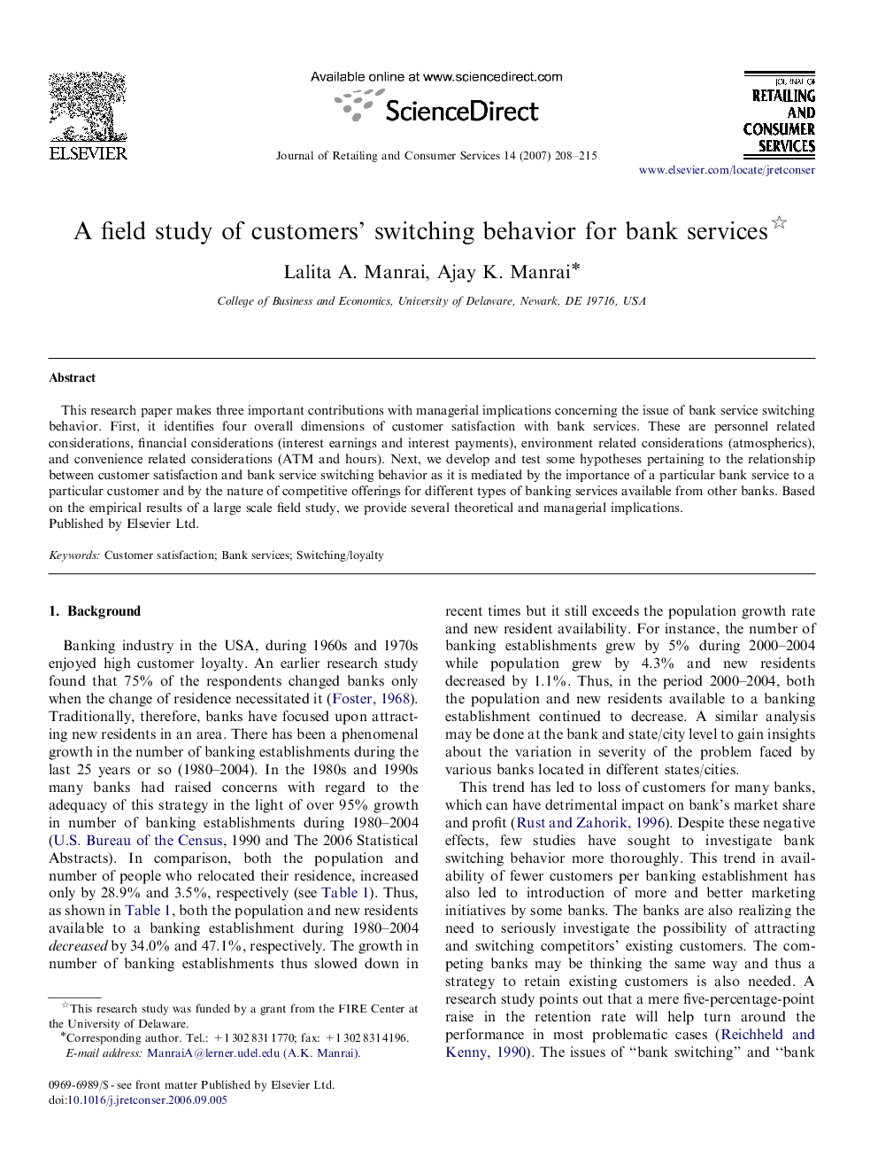 A field study of customers’ switching behavior for bank services 