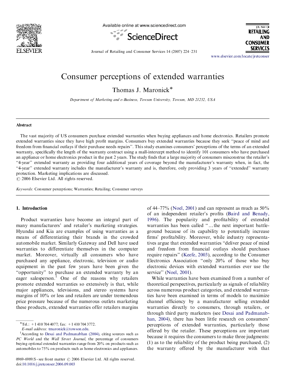 Consumer perceptions of extended warranties