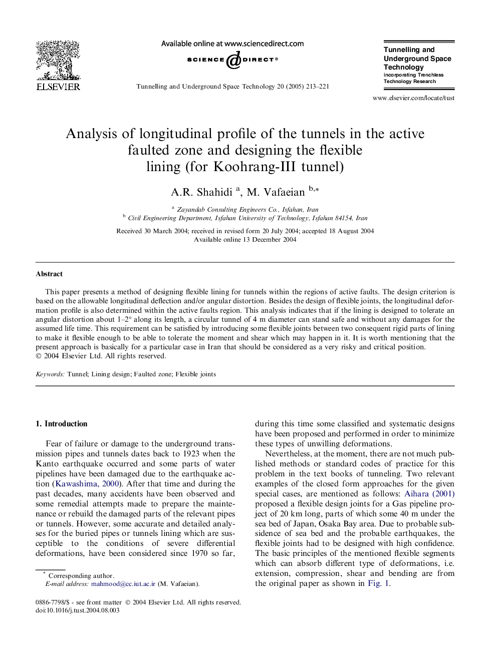 Analysis of longitudinal profile of the tunnels in the active faulted zone and designing the flexible lining (for Koohrang-III tunnel)