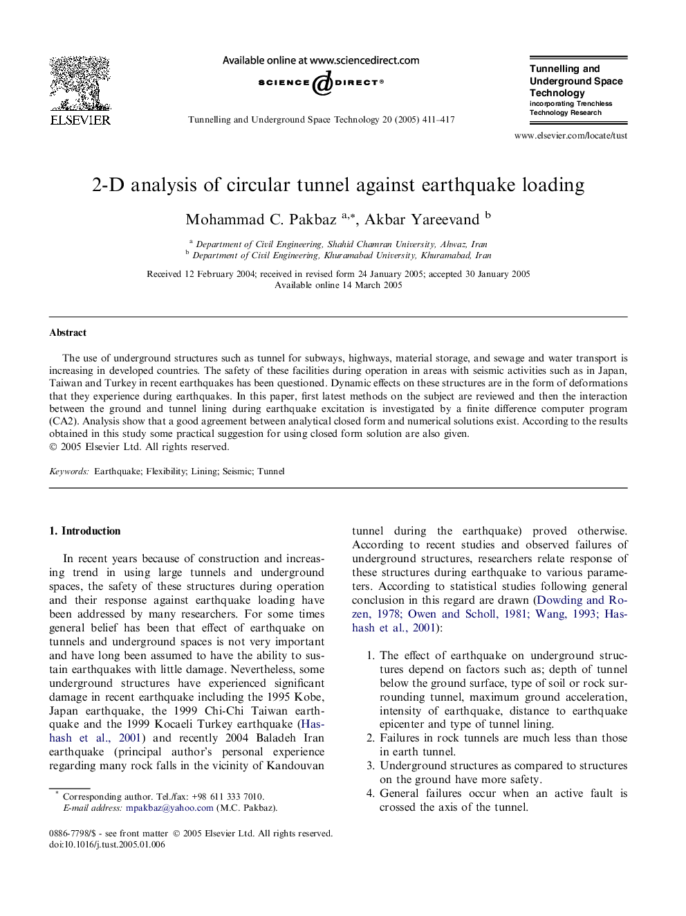 2-D analysis of circular tunnel against earthquake loading