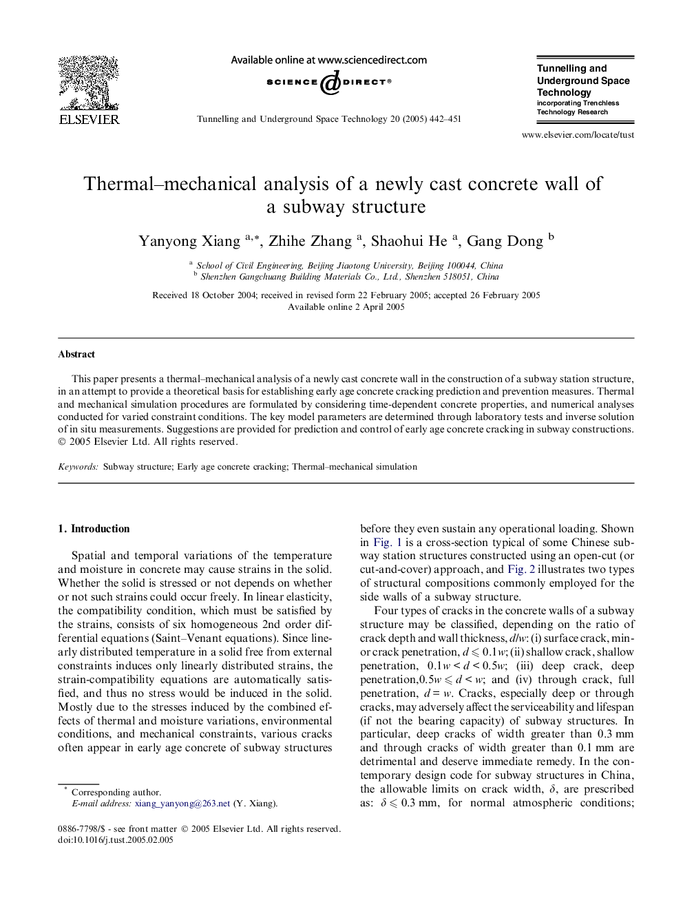 Thermal-mechanical analysis of a newly cast concrete wall of a subway structure