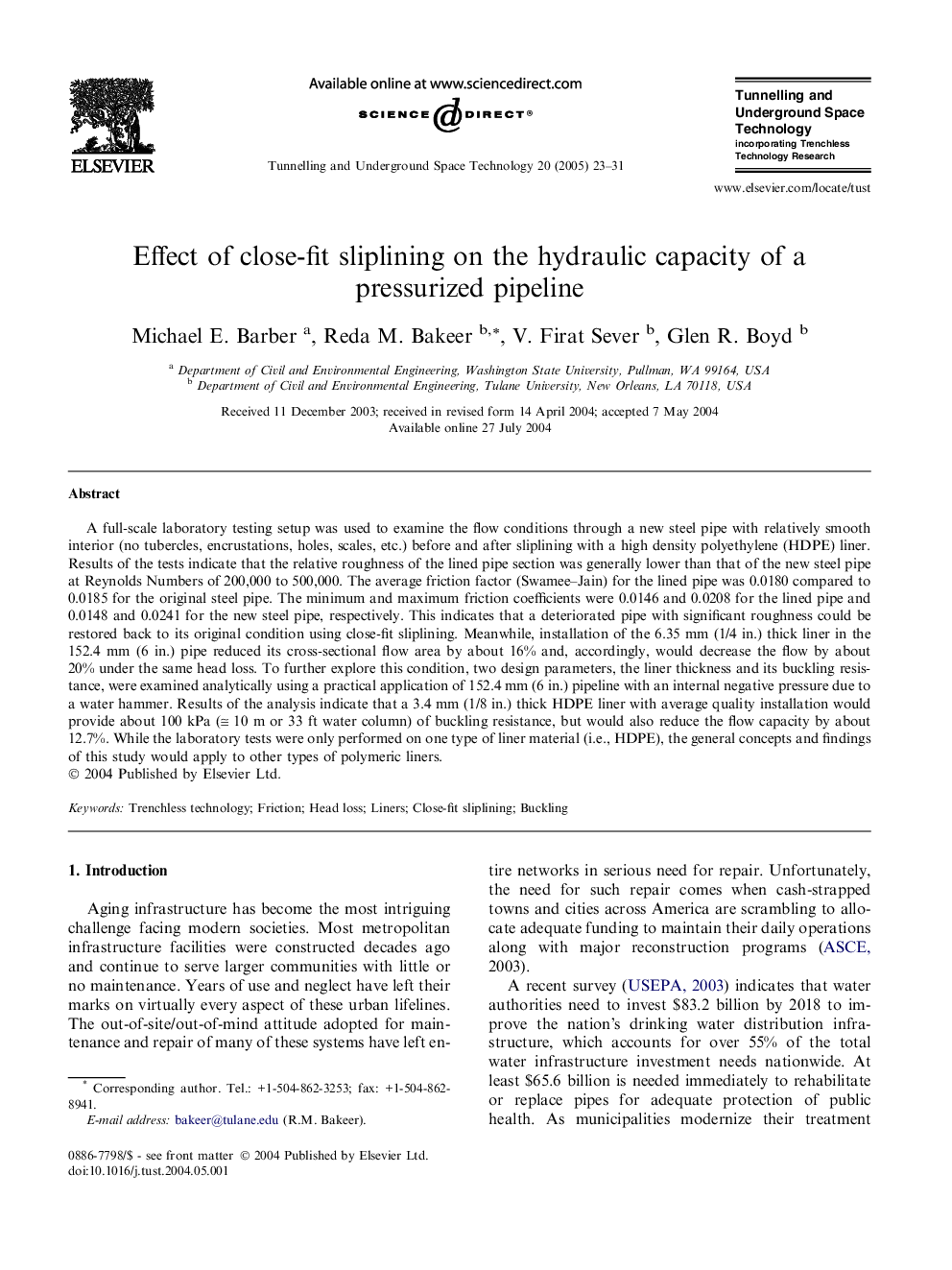 Effect of close-fit sliplining on the hydraulic capacity of a pressurized pipeline