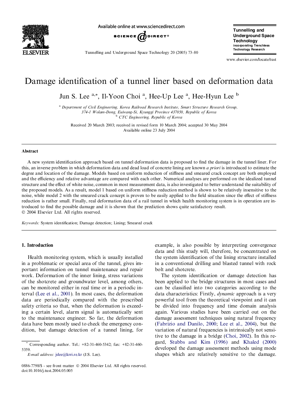 Damage identification of a tunnel liner based on deformation data