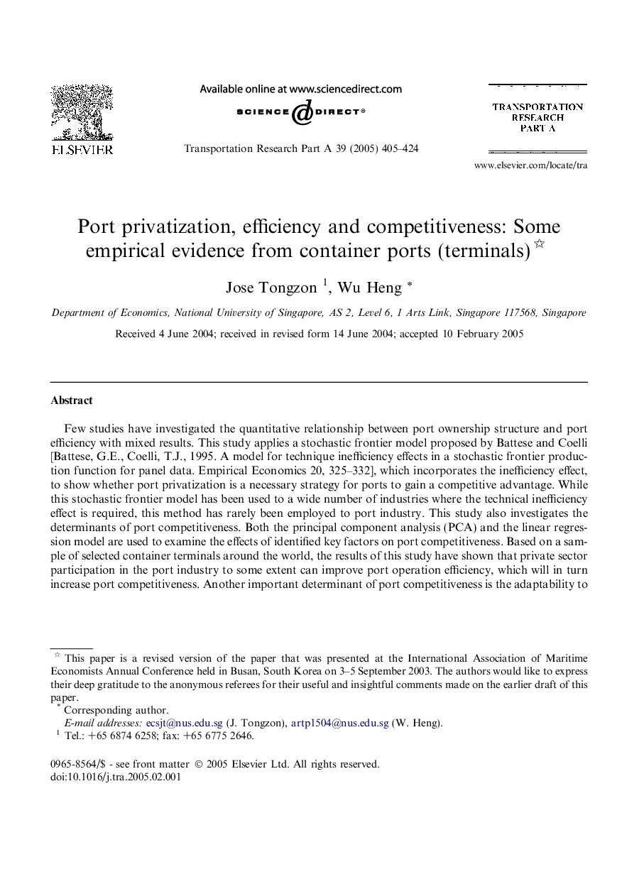 Port privatization, efficiency and competitiveness: Some empirical evidence from container ports (terminals)