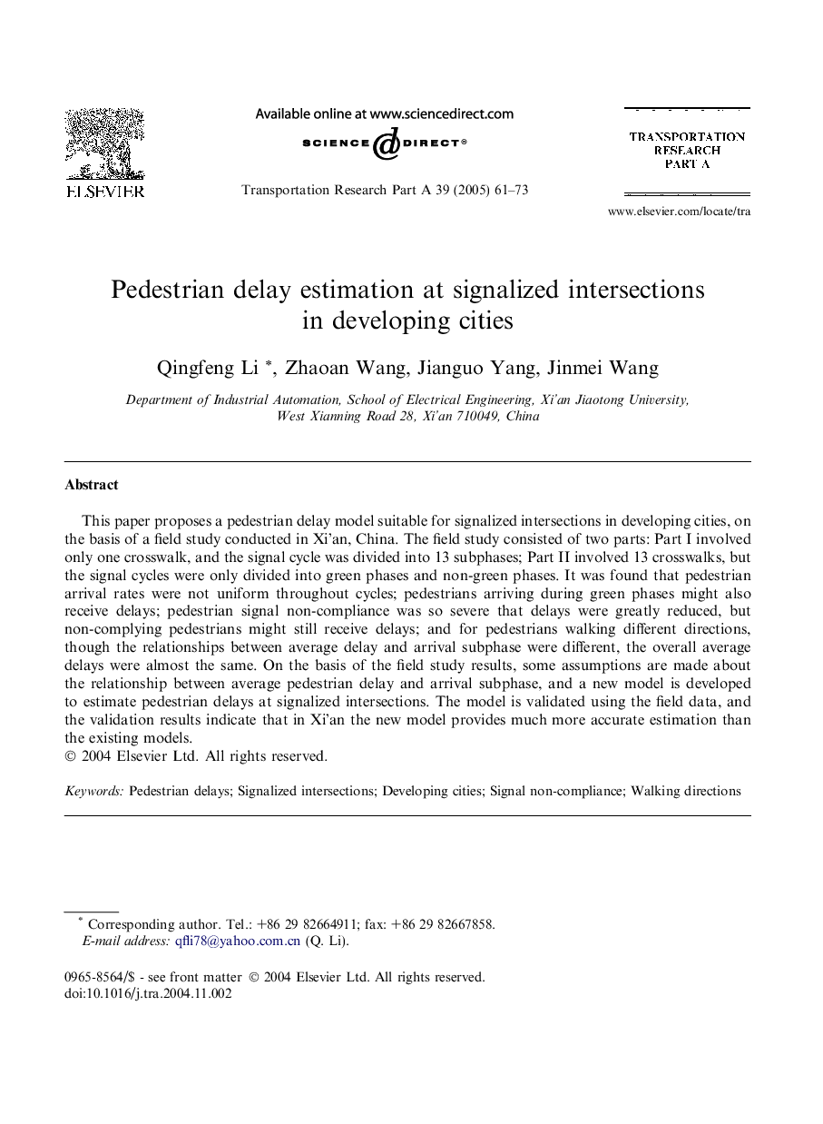 Pedestrian delay estimation at signalized intersections in developing cities